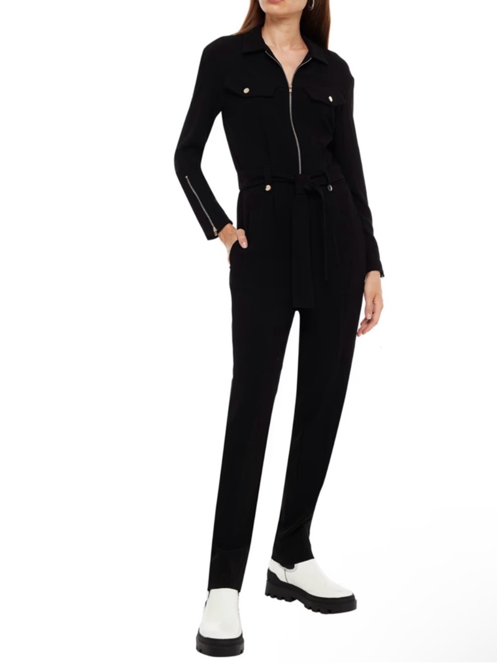 NWT Maje Black Long-Sleeve Belted Crep Jumpsuit 34